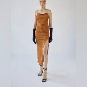 UO Naya Knit Chain-Strap Halter Midi Dress In Bronze